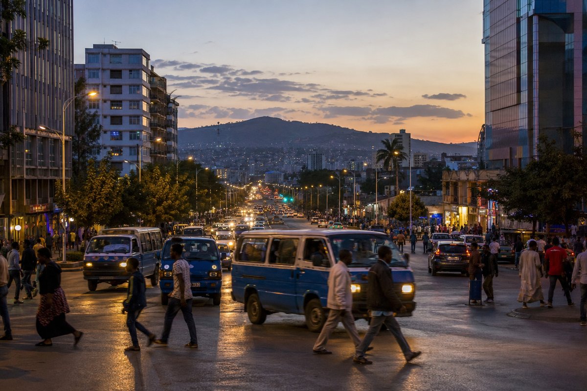 Hora punta vespertina en una avenida de Adís Abeba, Etiopía