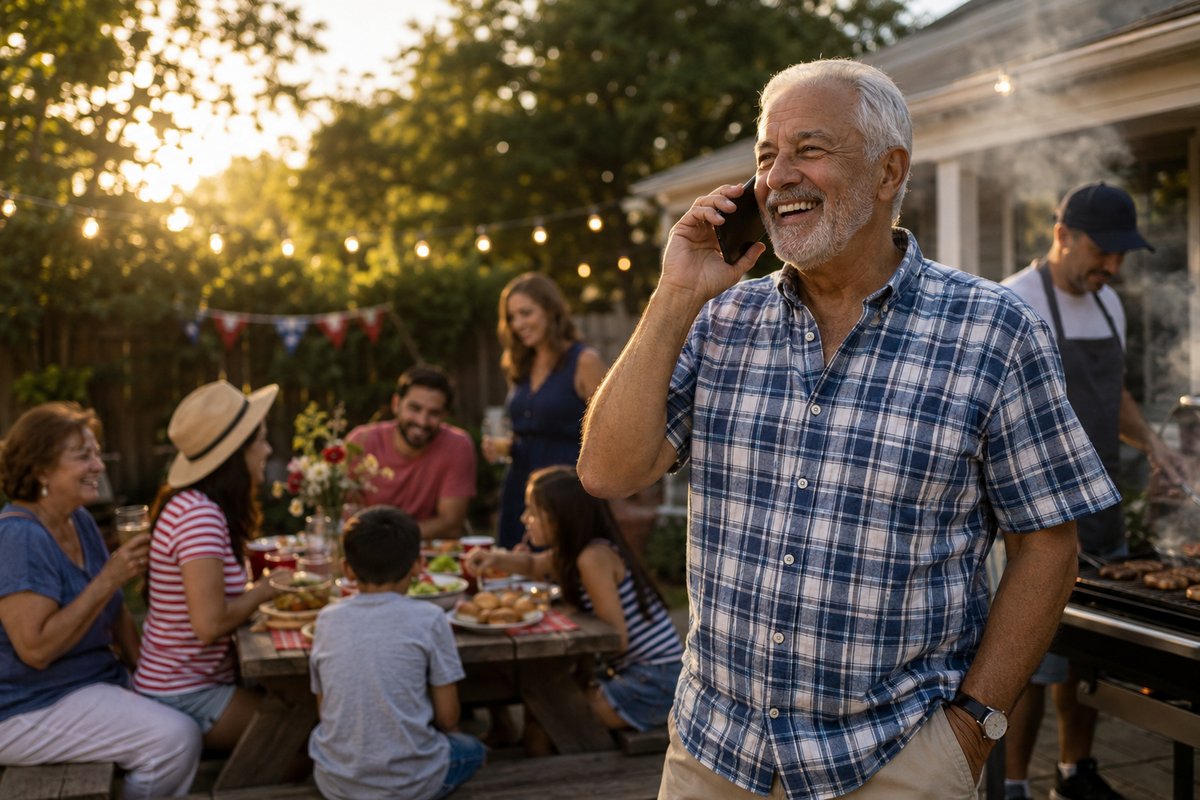 Fourth of July backyard cookout, with a family member taking a call from relatives abroad