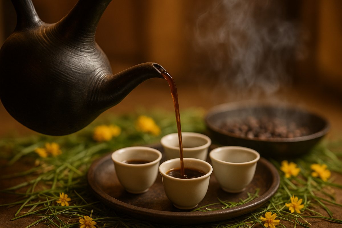 Traditionelle Kaffeezeremonie mit Jebena-Kanne und kleinen Tassen zum äthiopischen und eritreischen Neujahr
