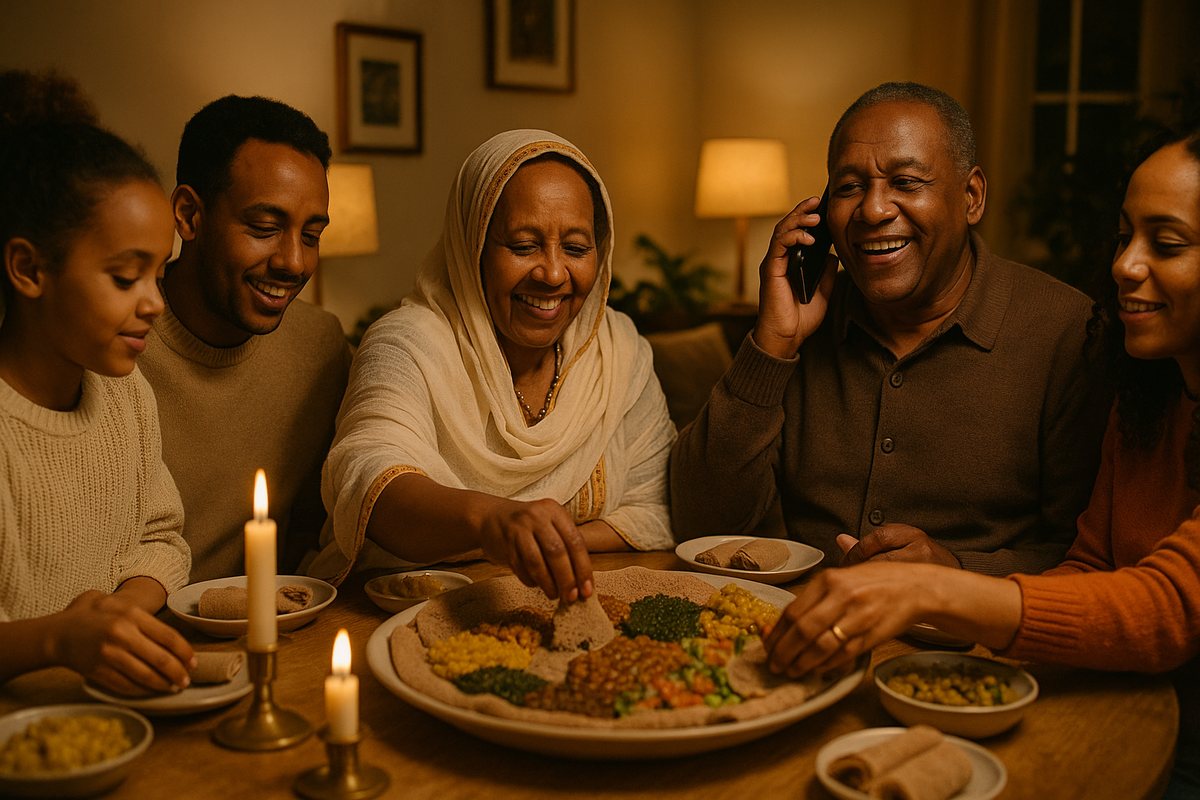 Äthiopische Familie reicht am Neujahrstisch das Telefon herum, während Verwandte aus dem Ausland anrufen