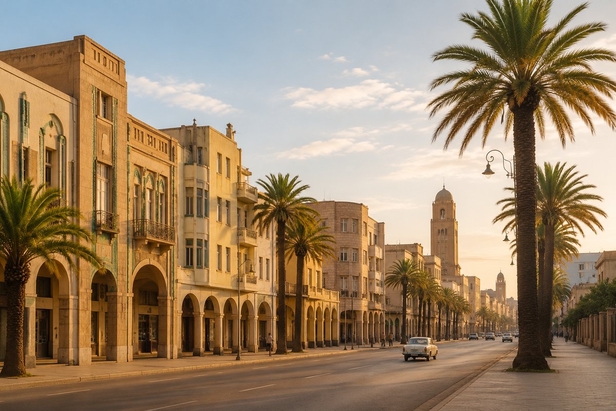 Art Deco buildings on a palm-lined avenue in central Asmara, the capital of Eritrea