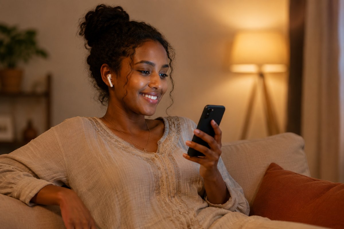 Woman calling family in Eritrea from home with the eFon app and wireless earbuds