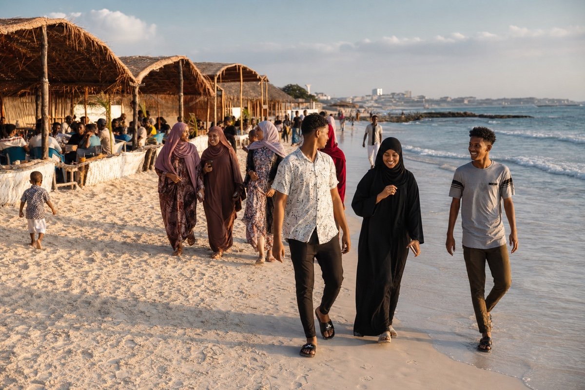 Familier går tur på Lido-stranden i Mogadishu sidst på eftermiddagen
