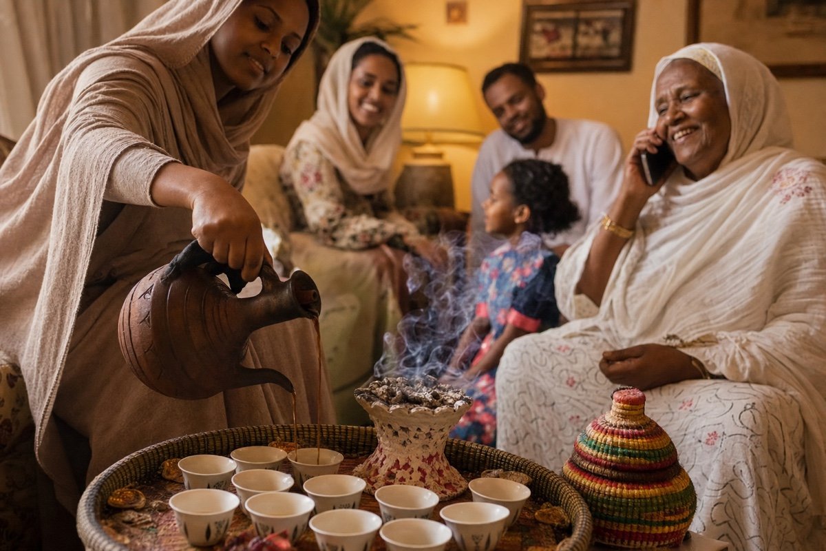 Sudanese family sharing coffee from a jebena, one of them on the phone