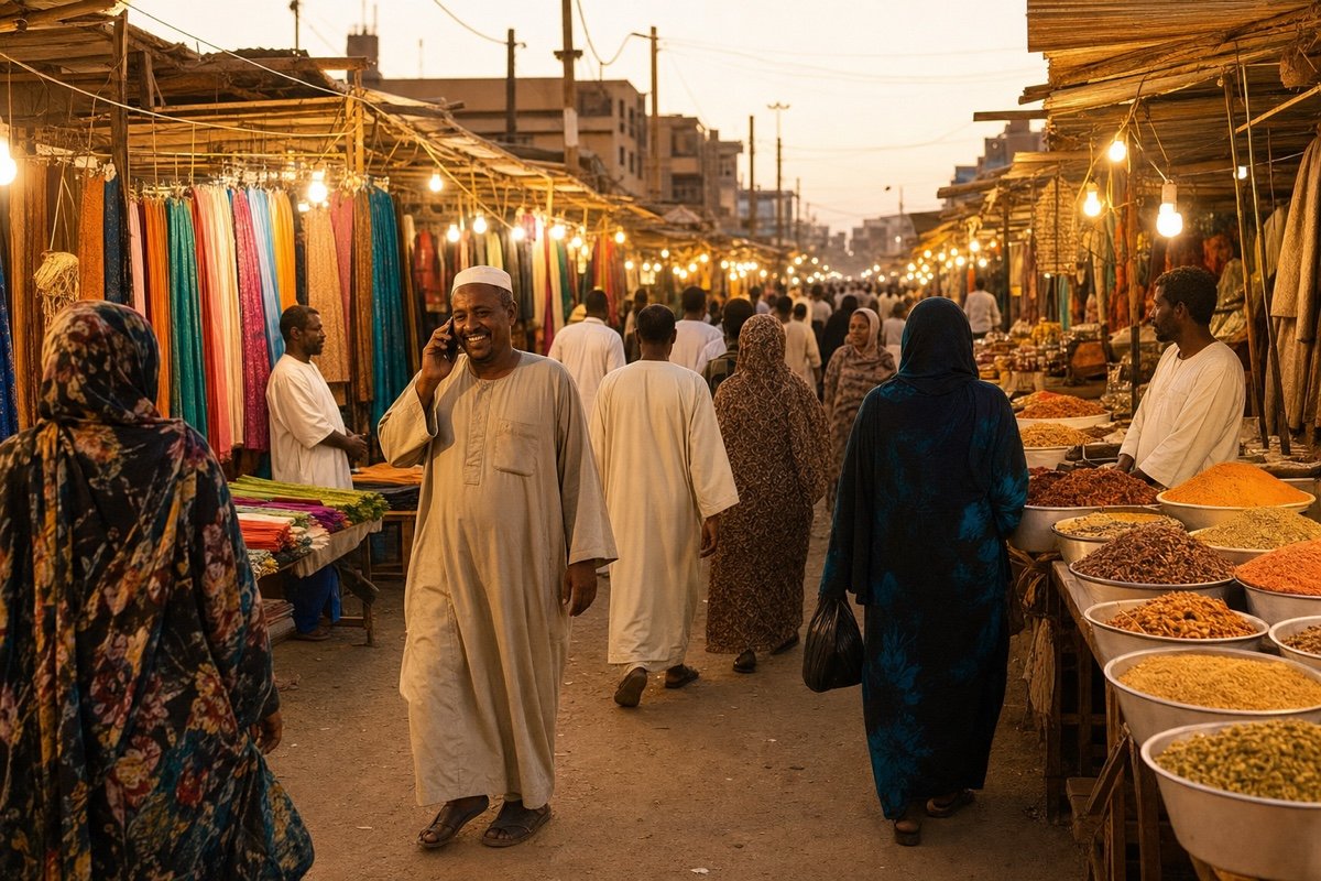 Evening market street in Omdurman with shoppers on their phones