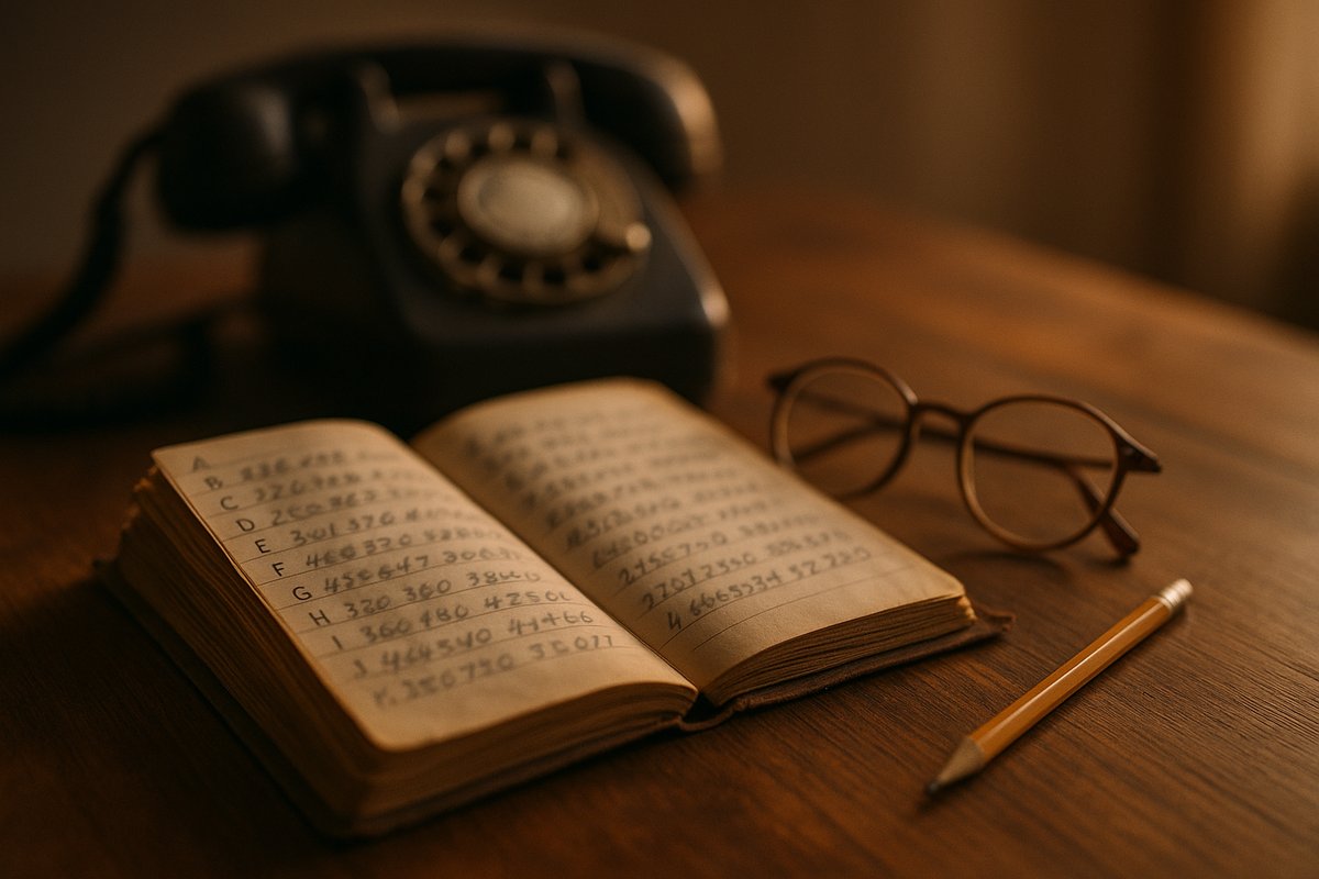 Ein abgegriffenes Adressbuch mit handschriftlichen Telefonnummern neben einem alten Wählscheibentelefon