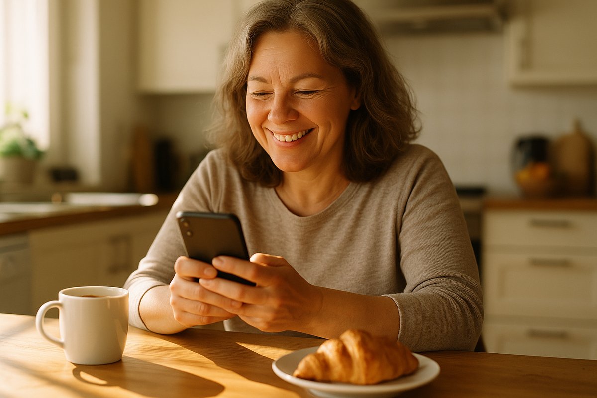 Frau speichert am Küchentisch beim Morgenkaffee Kontakte im internationalen Format auf ihrem Smartphone