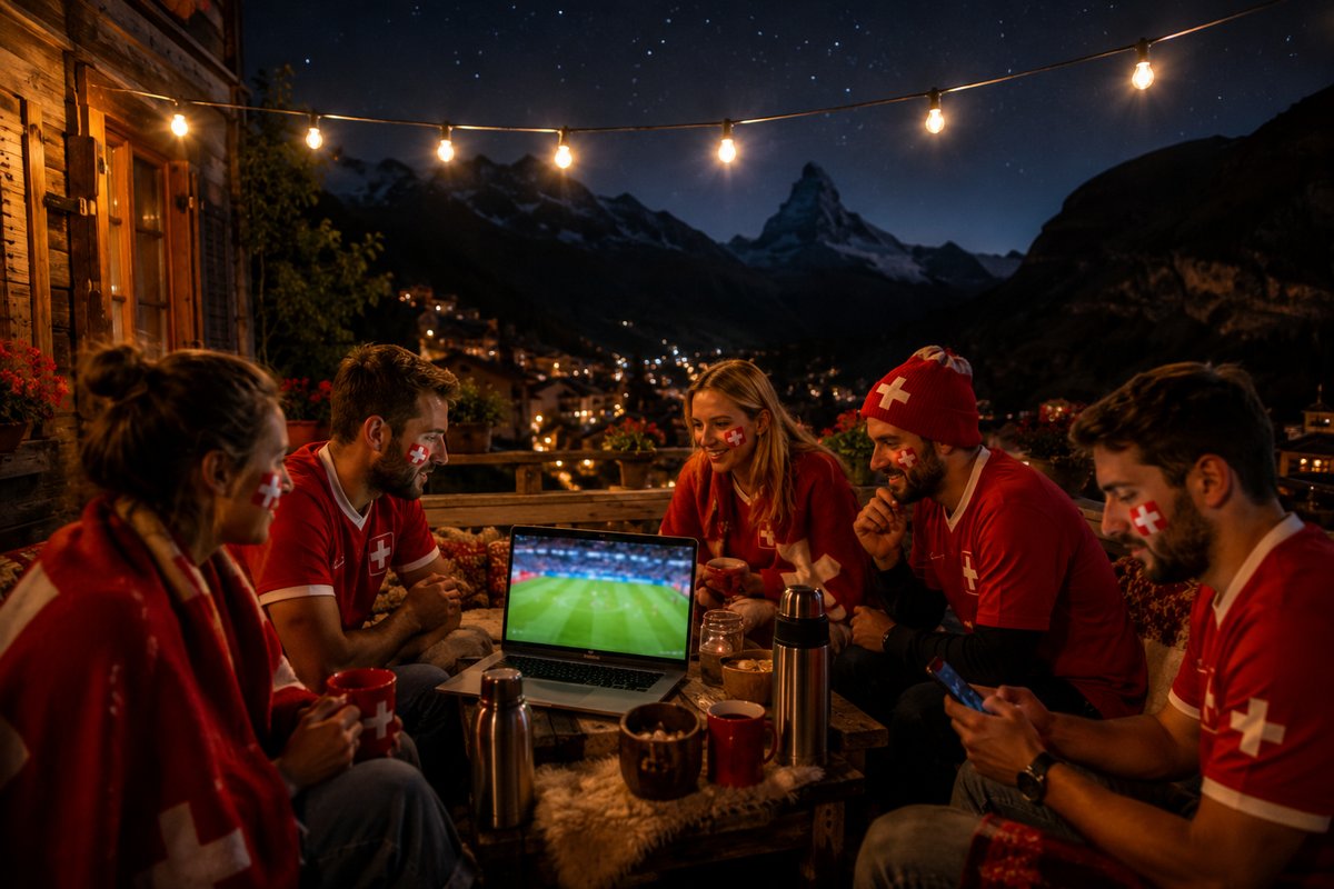 Swiss fans watching the late match in the mountains