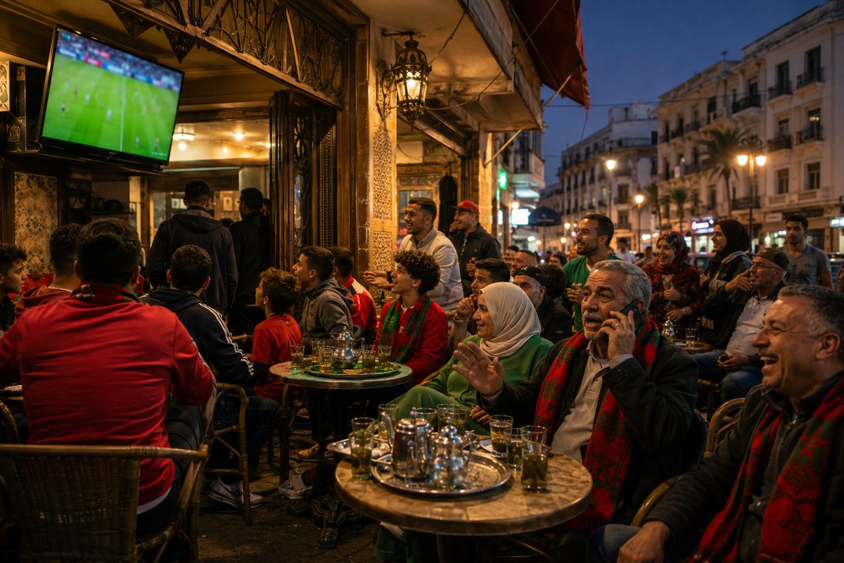 Moroccan family and friends watching the match in a Casablanca café