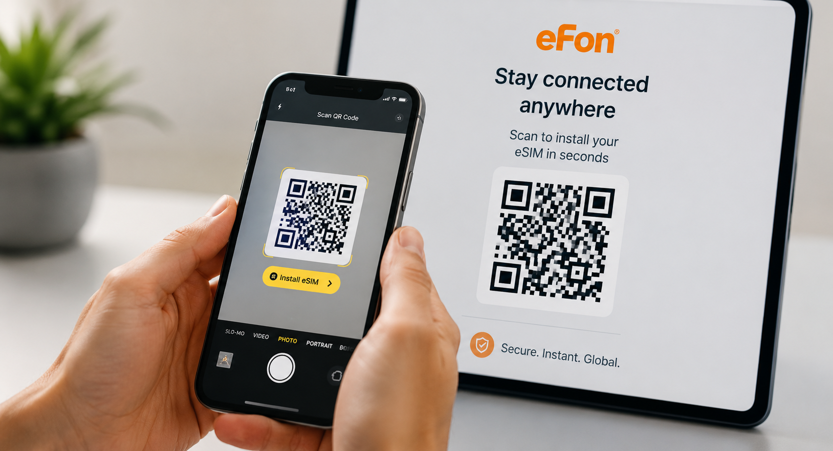 iPhone scanning a QR code to install eFon eSIM in seconds