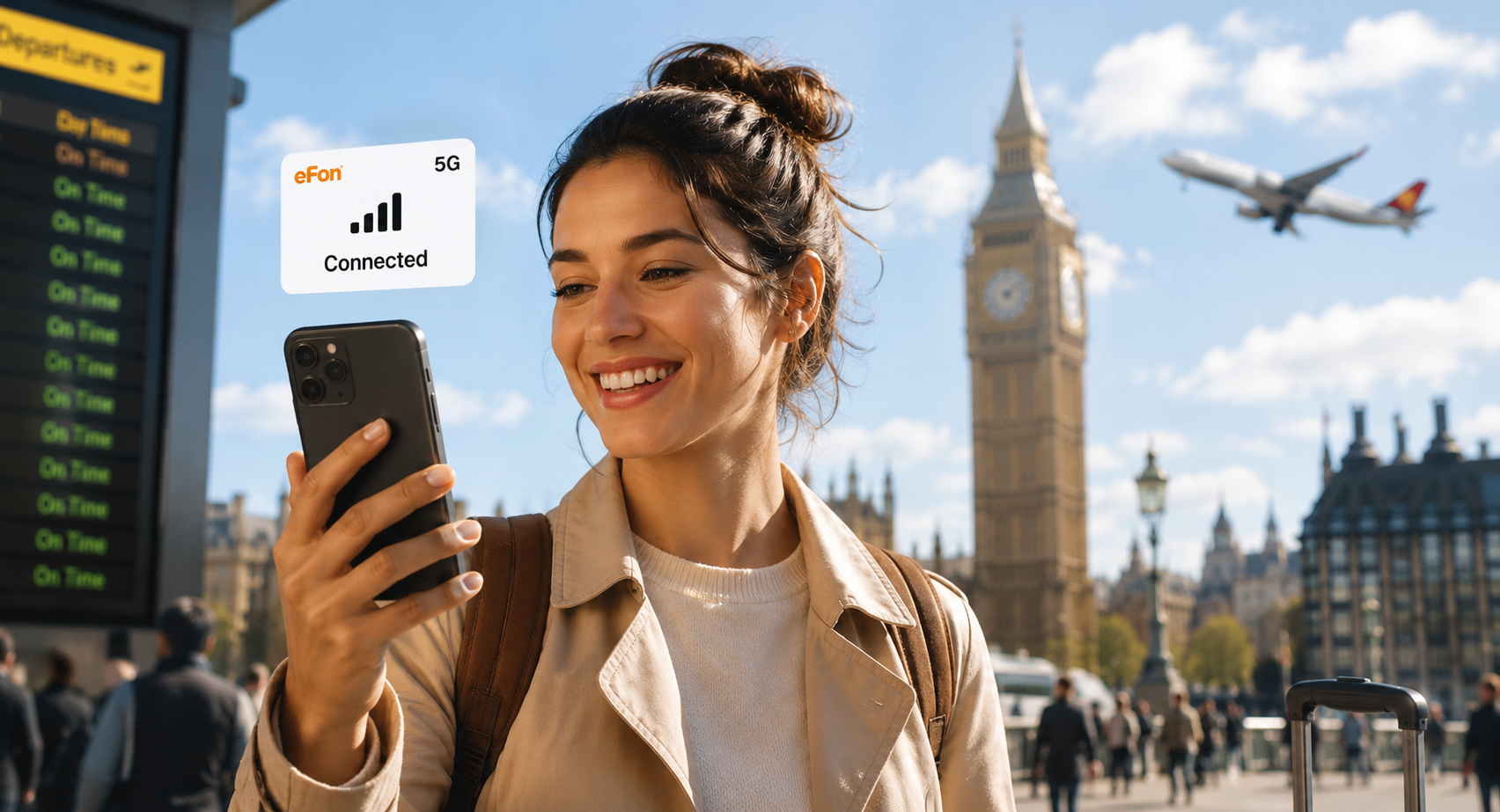 Traveller at Big Ben smiling at her phone with an active eFon 5G connection