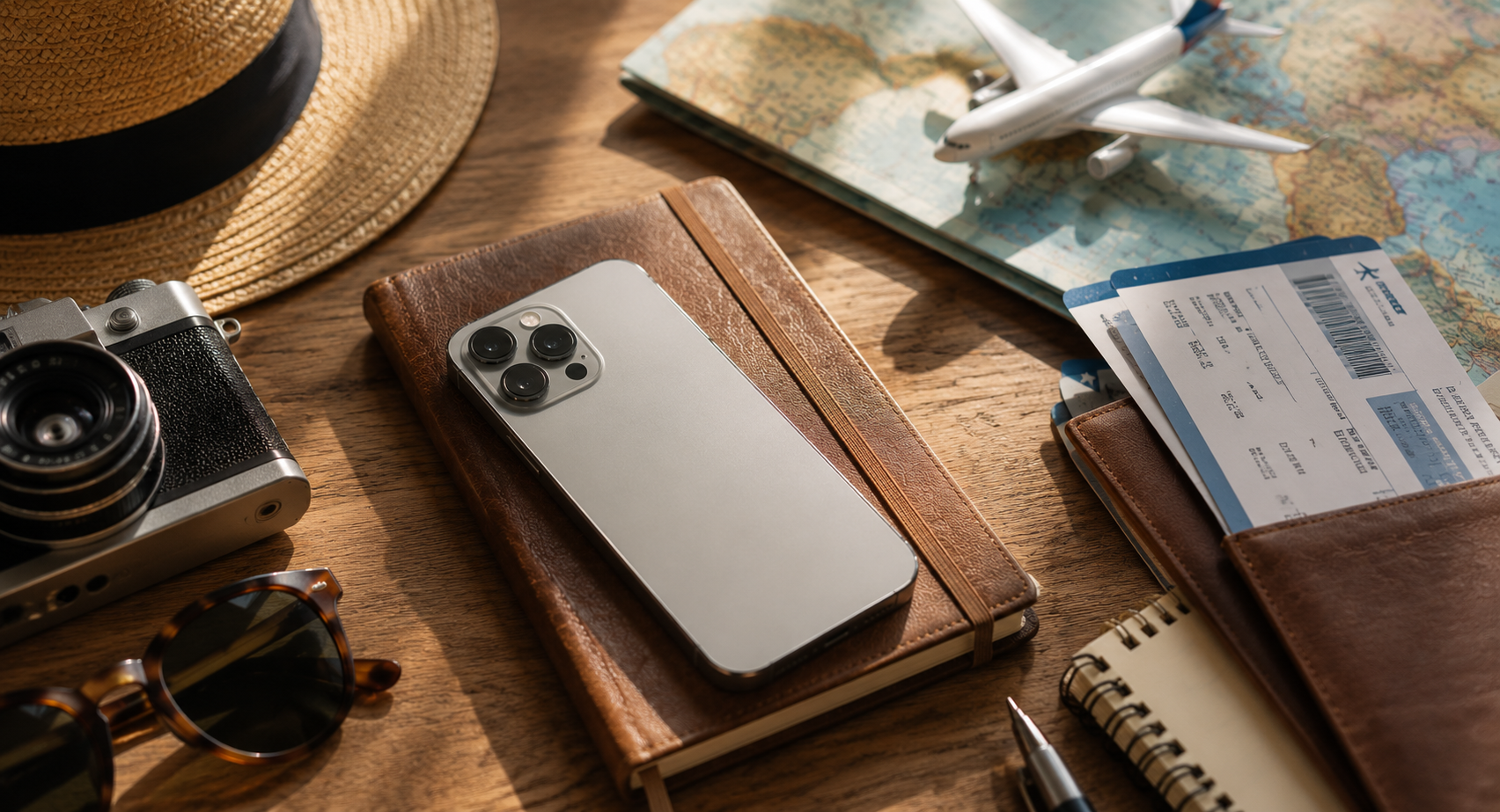 iPhone with travel journal, map, camera and boarding passes — essentials for your trip