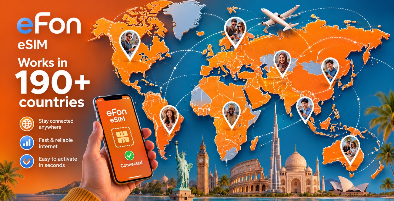 World map highlighting the 190+ destinations where eFon eSIM provides data coverage