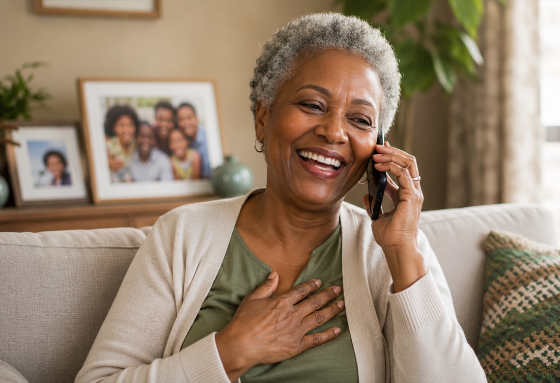 Family staying close on a call with relatives abroad using eFon