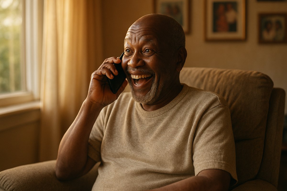 Grandfather at home happily answering a call from family abroad