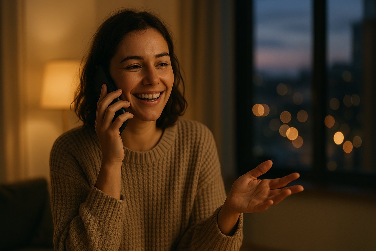 Woman making her first free international call with the eFon app