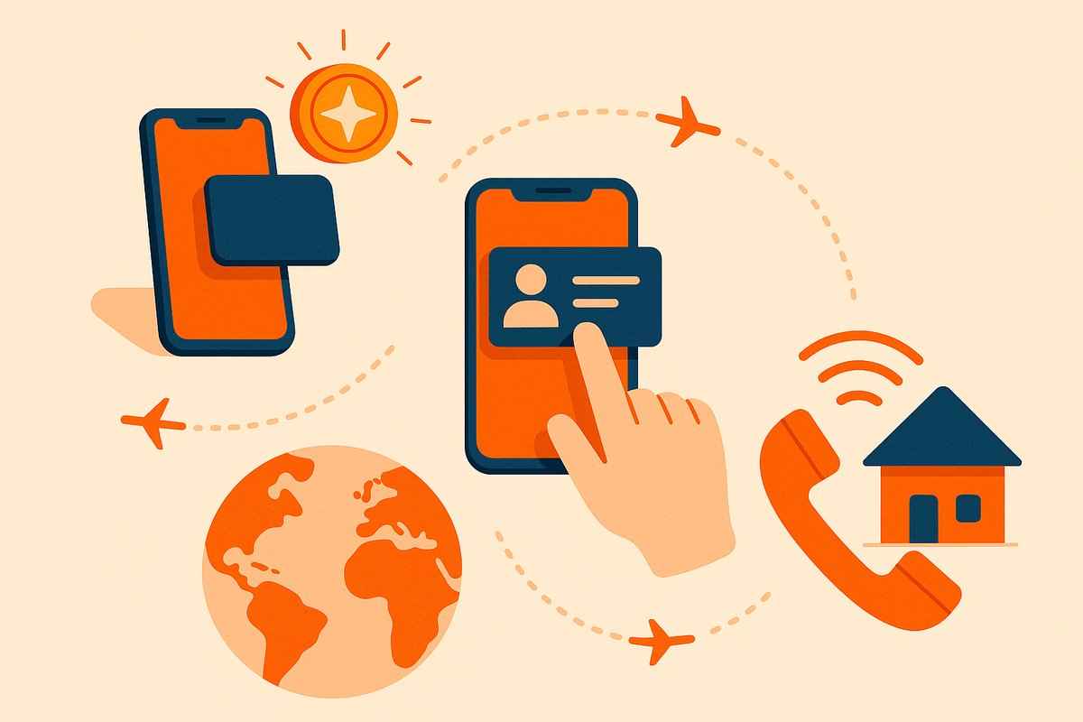 Illustration of the three steps: get free credit, call a contact, top up and keep calling