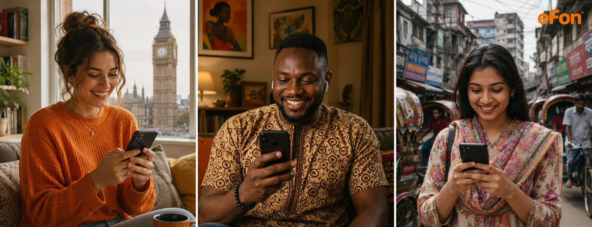 Three people in London, Lagos and Dhaka smiling into their phones while using eFon