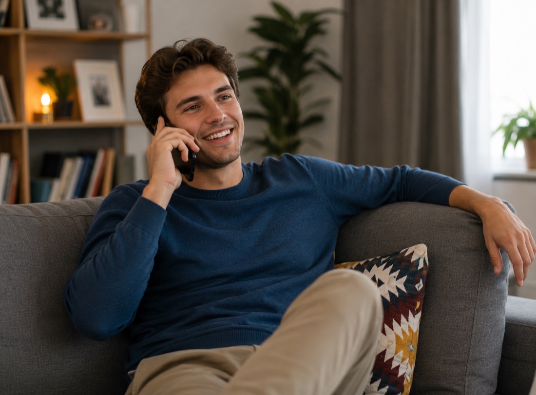 A person relaxed at home, smiling during a long international phone call with eFon