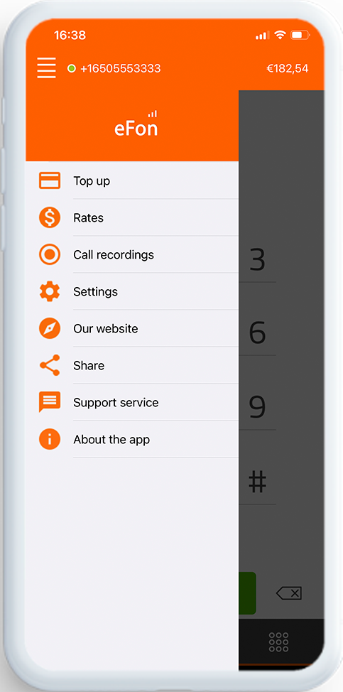 eFon app dial screen showing the balance and per-minute call rate