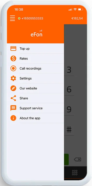 eFon dial screen showing the account balance