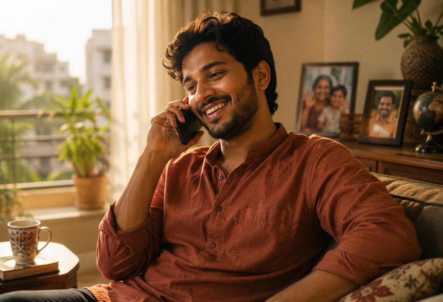 Man smiling while making an affordable international call at home with eFon